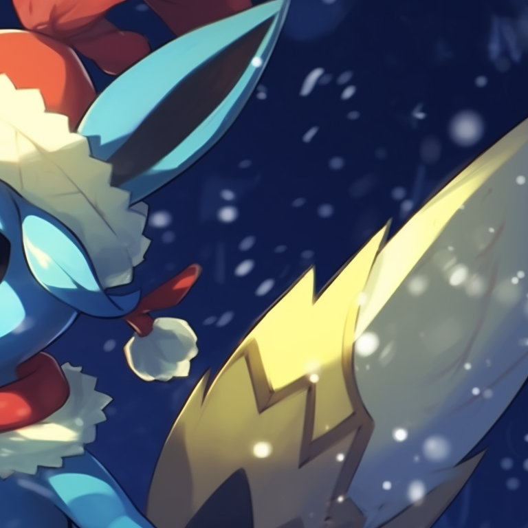 Lucario characters amidst falling snowflakes, icy blue tones dominant. lucario christmas avatar pairs pfp for discord.
