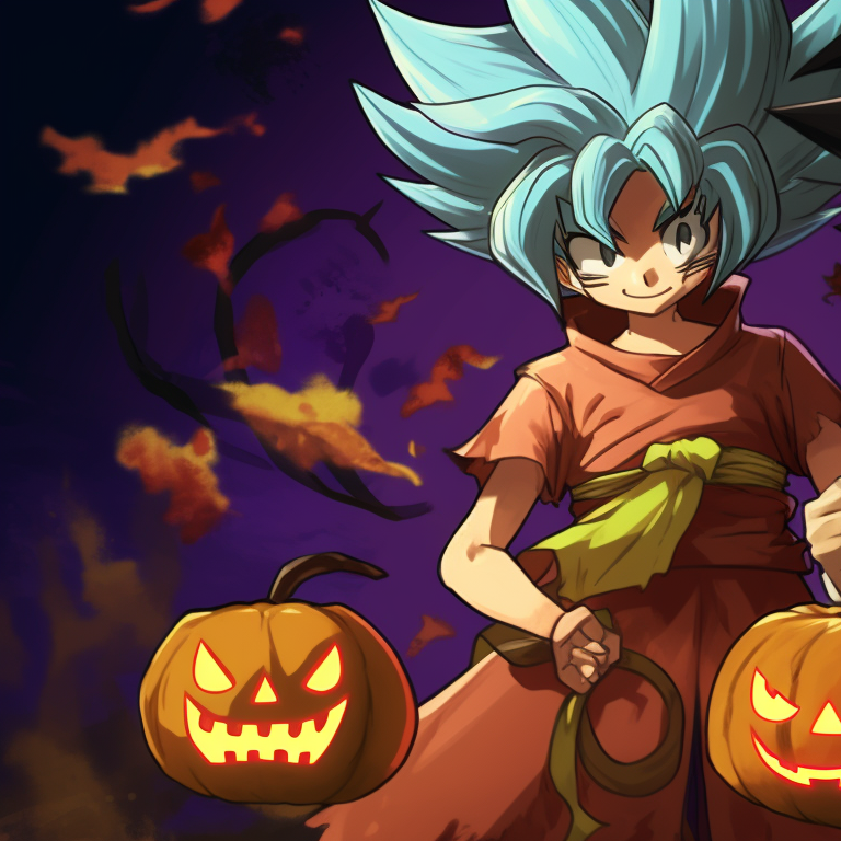 Dragon Ball characters in Halloween attire, dynamic action and dark spooky background. cool dragon ball halloween themed pfp pfp for discord.