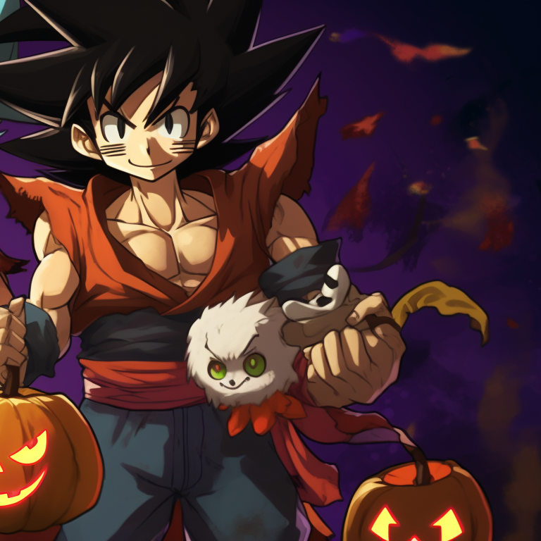 Dragon Ball characters in Halloween attire, dynamic action and dark spooky background. cool dragon ball halloween themed pfp pfp for discord.