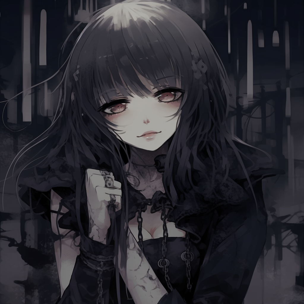Fragmented glimpse of a goth anime girl, focusing on various aesthetic elements like heavy eyeliner, detailed earrings, and intense eyes against a dark palette. goth anime girl visuals pfp for discord.