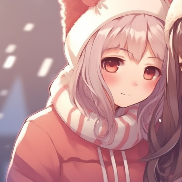 Two characters facing each other, delicate snowflakes in the background, muted tones. adorable matching anime girl christmas pfp ideas pfp for discord.