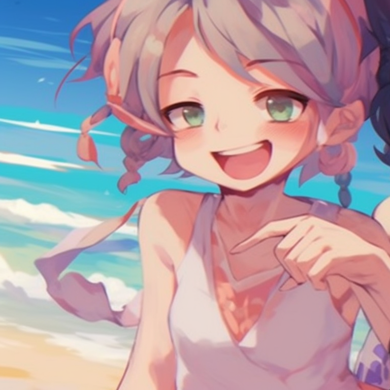 Two characters in beachwear, vibrant colors and detailed sand texture, playfully running by the shore. matching pfp for besties cartoon style pfp for discord.