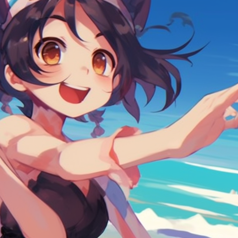 Two characters in beachwear, vibrant colors and detailed sand texture, playfully running by the shore. matching pfp for besties cartoon style pfp for discord.