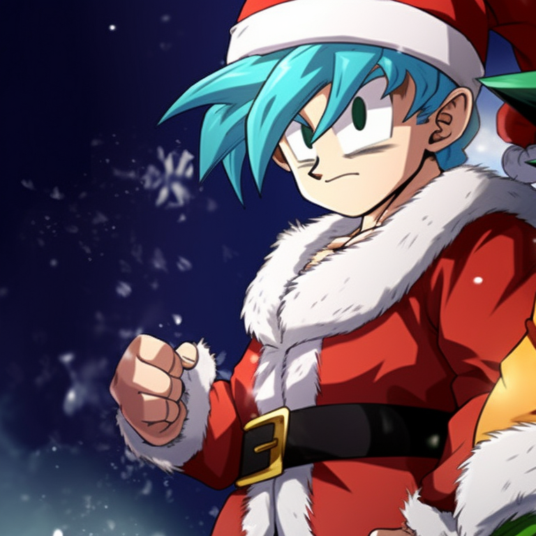 Two characters, fusion dance pose in Christmas attire, bright hues and softer outlines. top matching christmas dragon ball pfp themes pfp for discord.