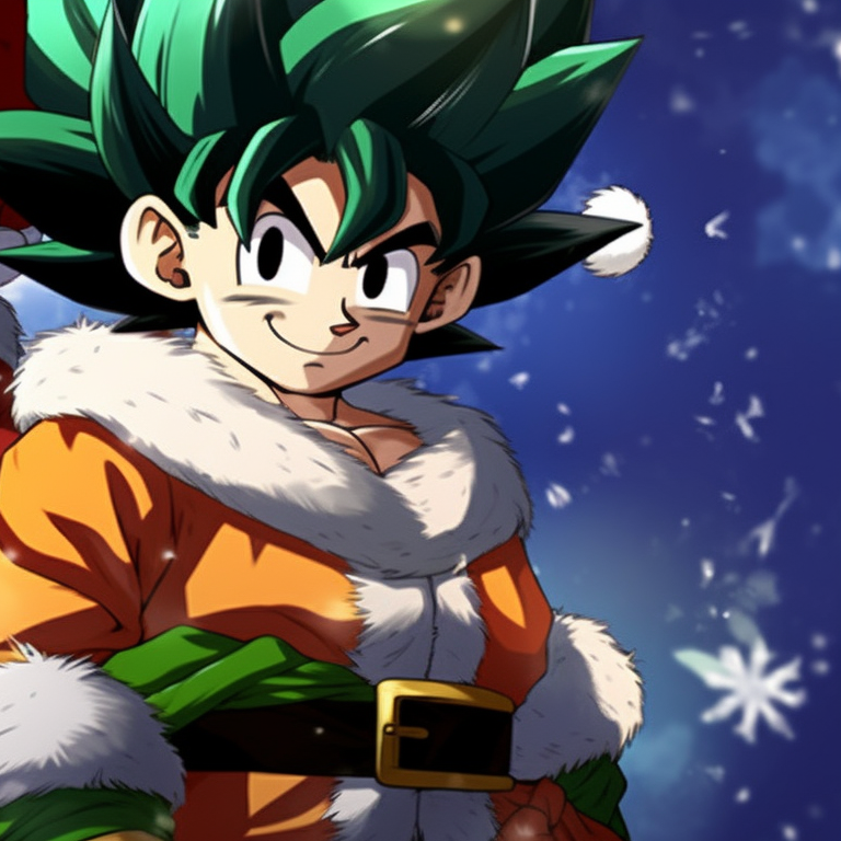 Two characters, fusion dance pose in Christmas attire, bright hues and softer outlines. top matching christmas dragon ball pfp themes pfp for discord.