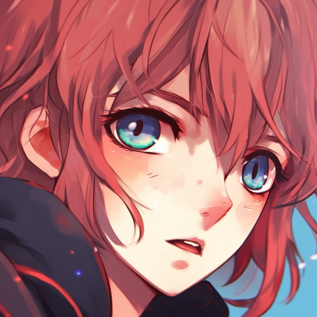 Anime character with a suspicious look, enhanced by contrast shadows and vivid color schemes. anime pfp sus-face illustrations