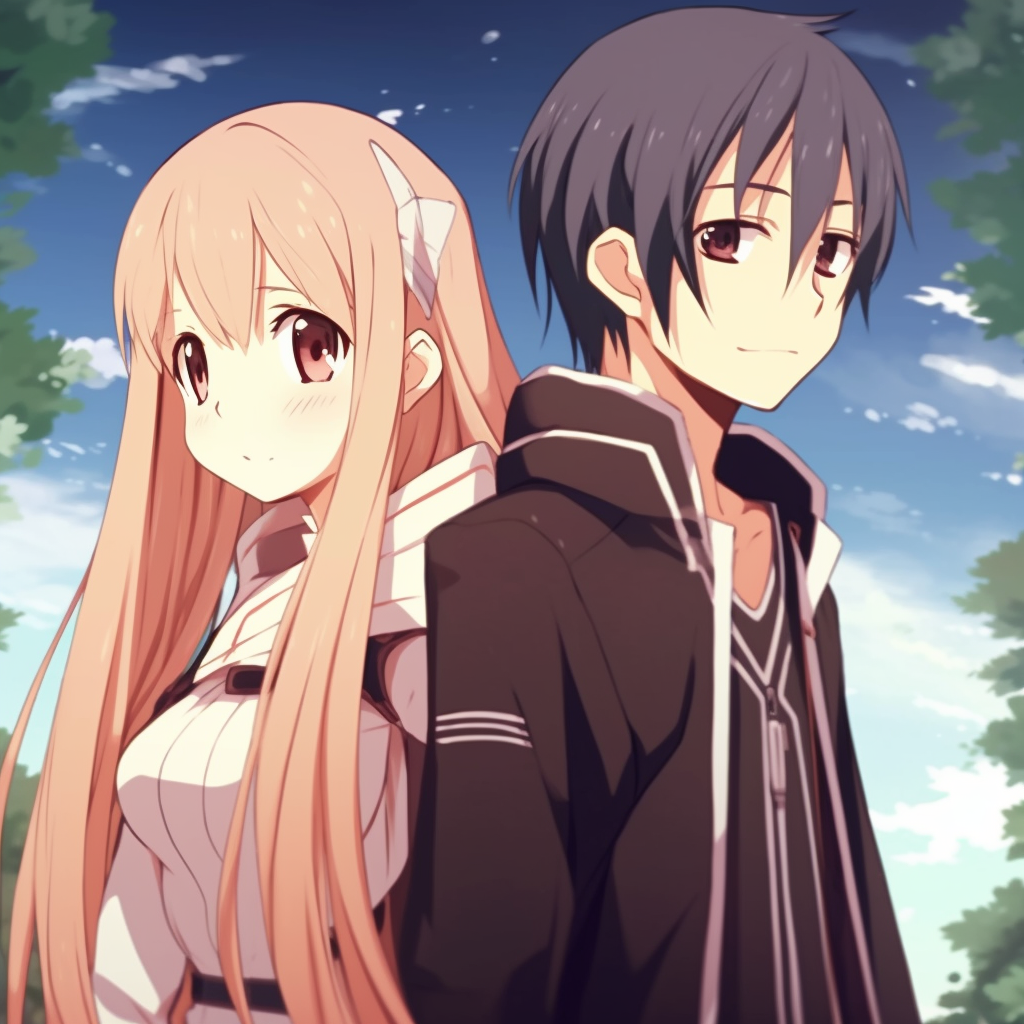 Kirito and Asuna under a Cherry Blossom tree, soft focus and warm hues. matching anime pfp for couplesHD, free download