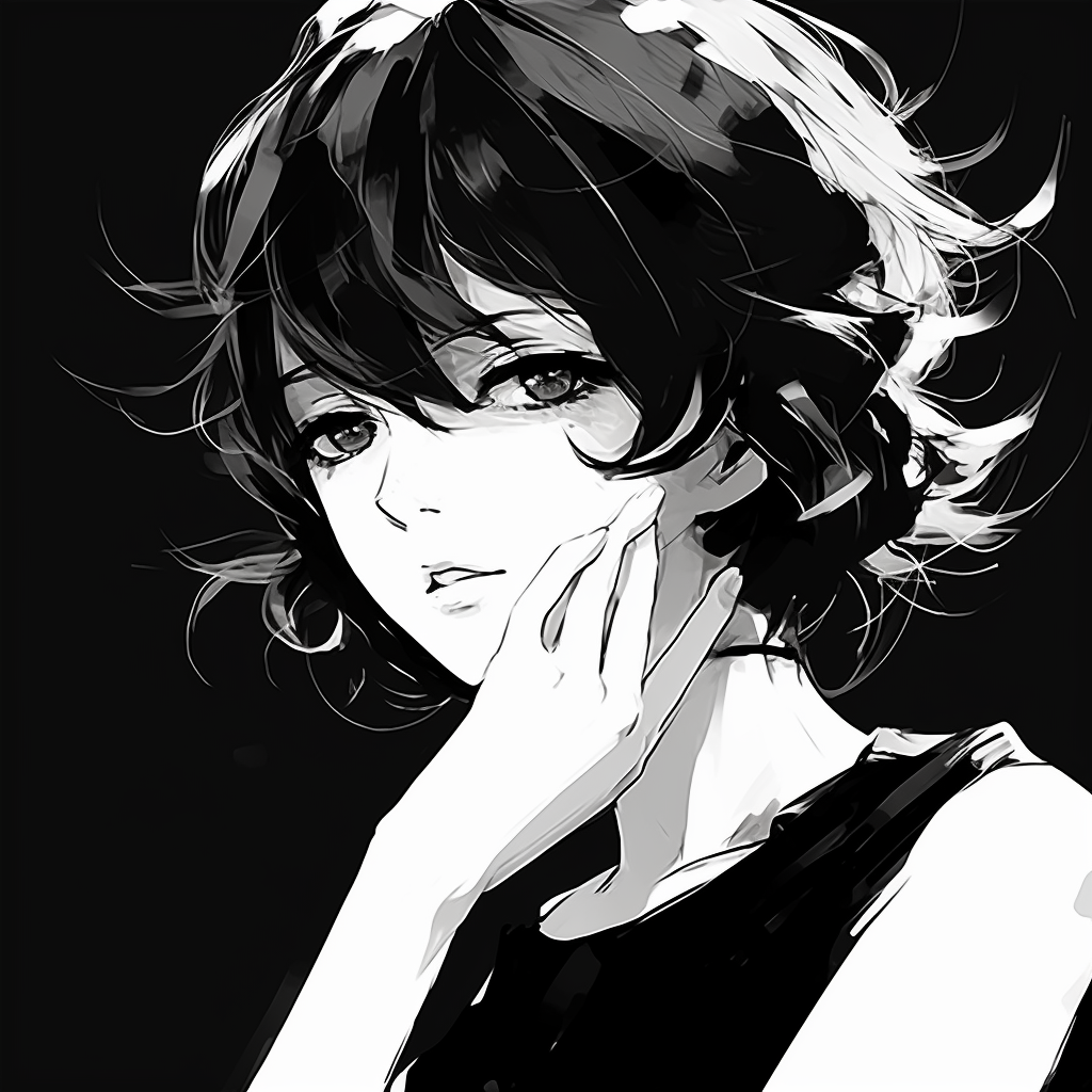 A determined female anime character, the seriousness of her expression accentuated by the contrast in the black and white image. famous black and white pfp female anime pfp for discord.