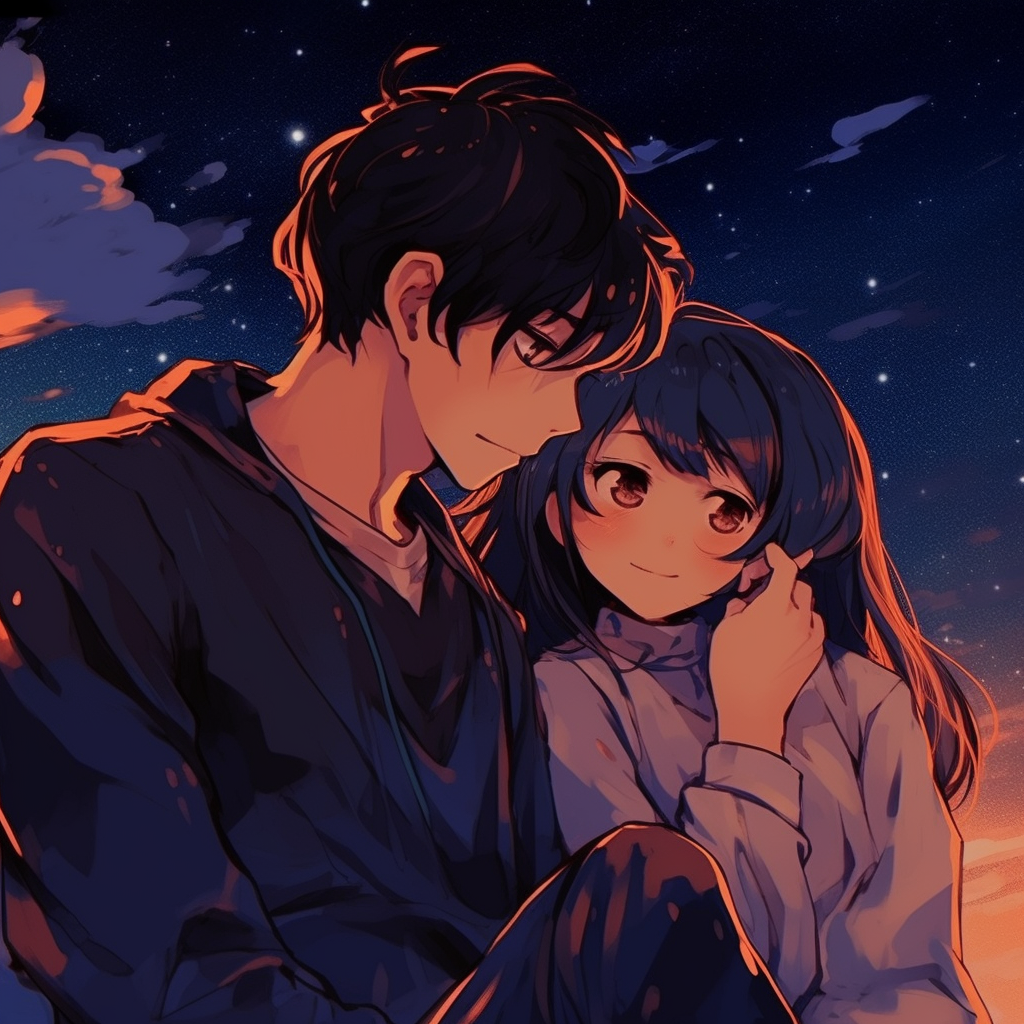 Couple under a starry sky, beautifully depicted night sky and warm glows. dramatic scenes couple anime matching pfp pfp for discord.