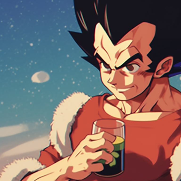 Bulma and Vegeta sharing a holiday toast, warm colors and rich details. vegeta and bulma dragonball christmas pfp pairing pfp for discord.