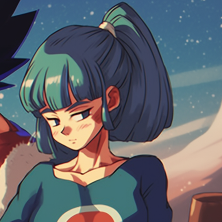 Bulma and Vegeta sharing a holiday toast, warm colors and rich details. vegeta and bulma dragonball christmas pfp pairing pfp for discord.