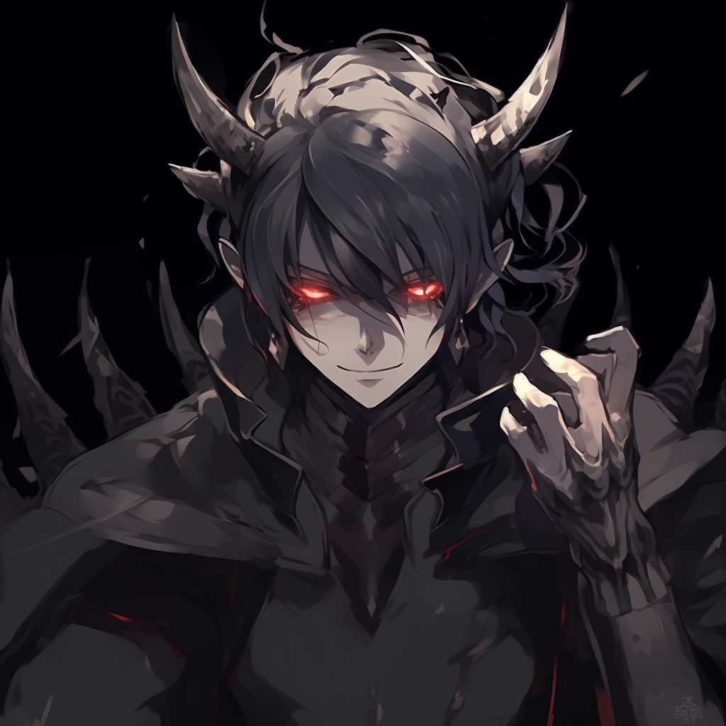 An intimidating male demon king character with cobalt eyes, bared fangs, and a dark, intricate crown, muted colors, and strong lines. unique demonic anime pfp pfp for discord.