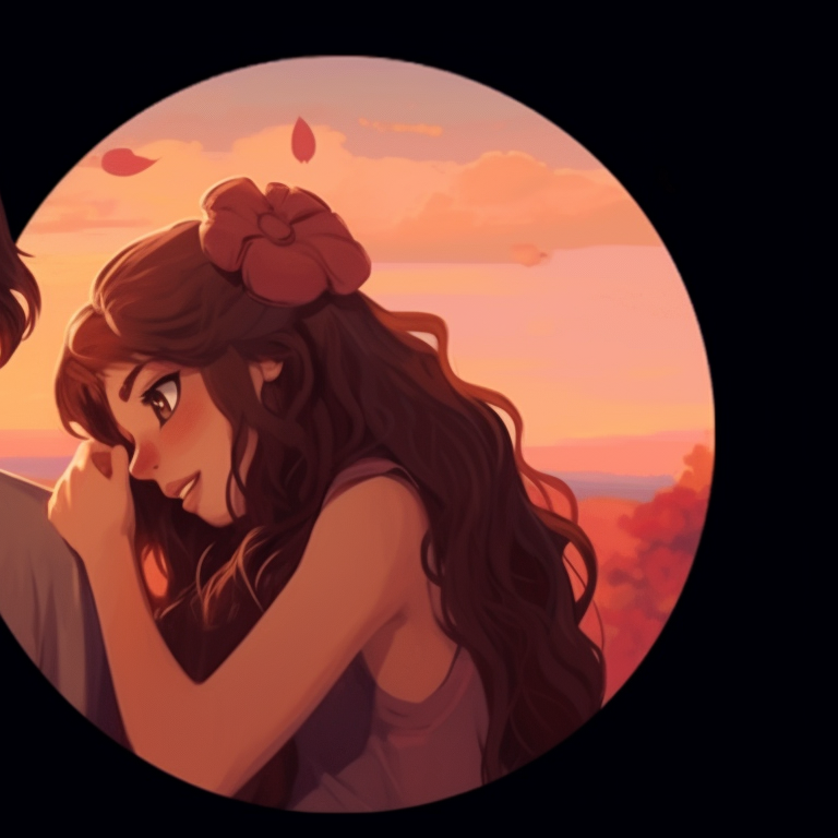 Two characters, hazy outlines and pastel colors, wrapped in an intimate embrace. stunning matching pfp for couples cartoon pfp for discord.