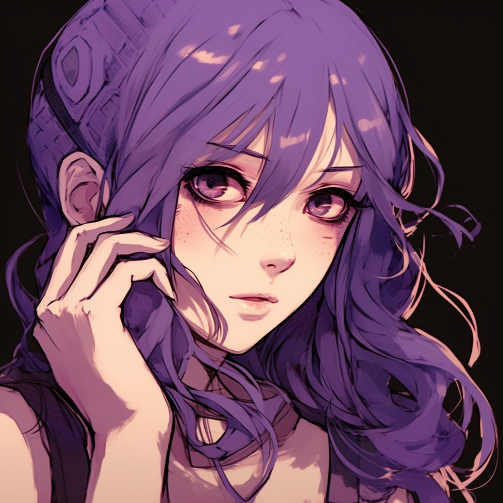 Female character in thoughtful pose, soft violet palette and subtle lighting effect. anime purple pfp beauties pfp for discord.