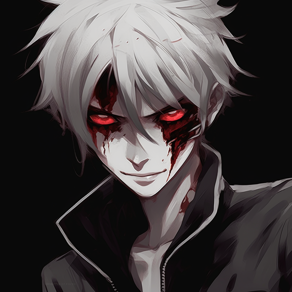 Grim Fade shrouded in shadow with red eyes glowing, highlighting a moody effect. edgy anime pfp male characters