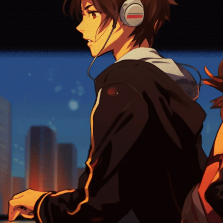 Two characters in digital costumes, side by side, intense facial expressions, with glowing video game symbols. matching gif pfp for gamers pfp for discord.