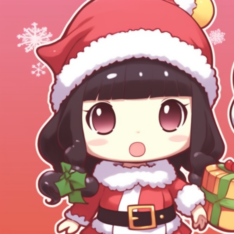 Two characters cuddling a Christmas ornament, holiday colors, and distinct simplicity of Sanrio design. matching christmas sanrio pfp shopping pfp for discord.