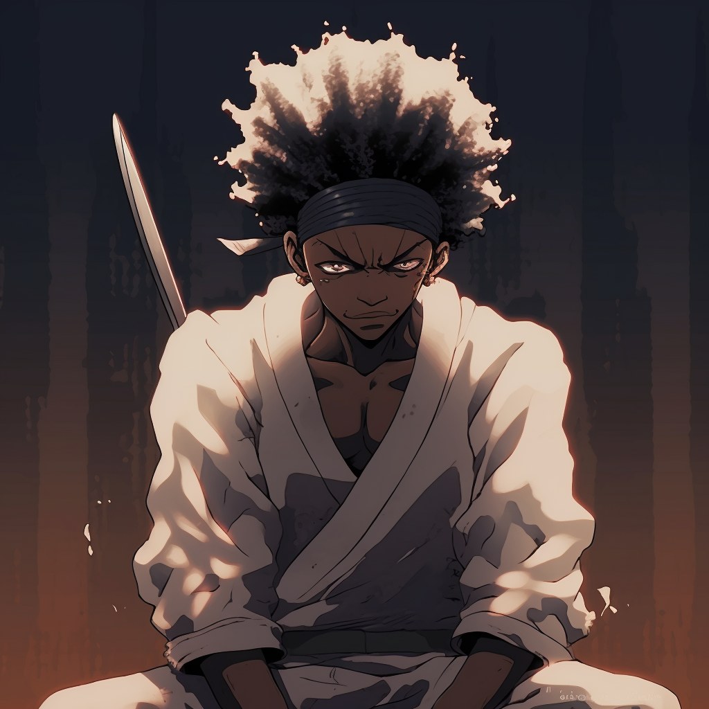Afro Samurai with his sword, stark contrast and metallic highlights. enticing male black anime characters pfp