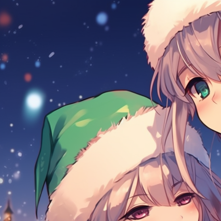 Two anime characters with intertwined hands, soft glowing fairy lights, and intricate Christmas themed details. festive matching discord pfp christmas pfp for discord.