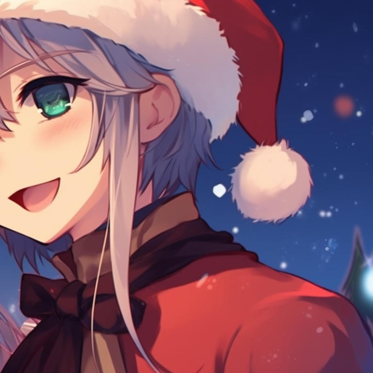 Two anime characters with intertwined hands, soft glowing fairy lights, and intricate Christmas themed details. festive matching discord pfp christmas pfp for discord.