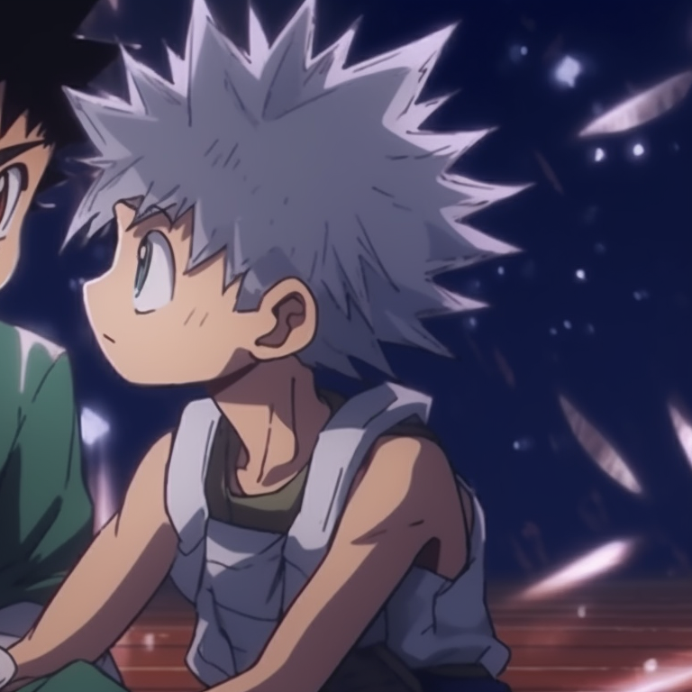 Gon and Killua sitting together under a starry backdrop, soft lighting and peaceful expressions. gon and killua matching pfp gif pfp for discord.