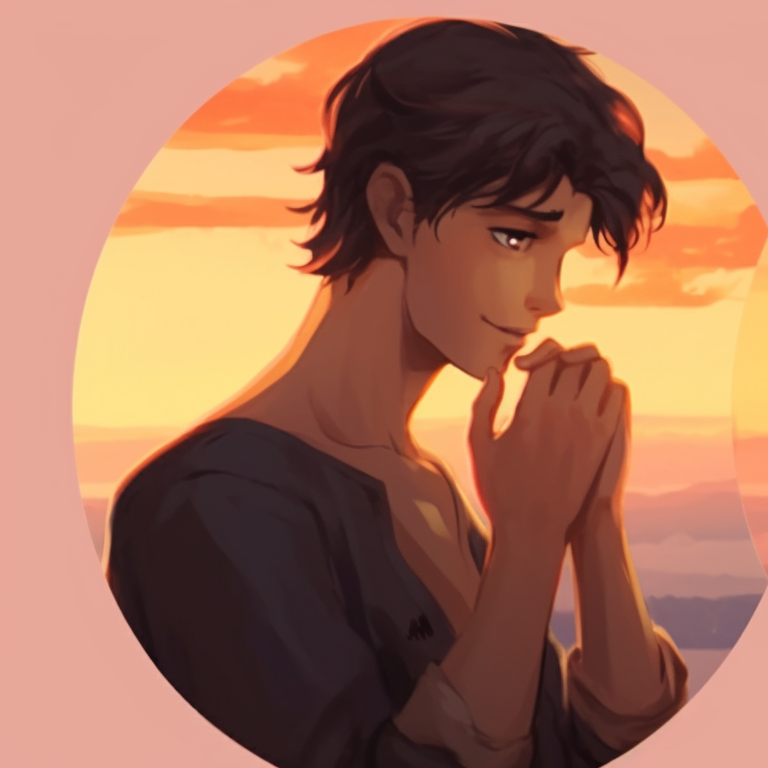 Two characters, warm sunset hues, sharing a peaceful moment. stunning matching pfp for couples cartoon pfp for discord.