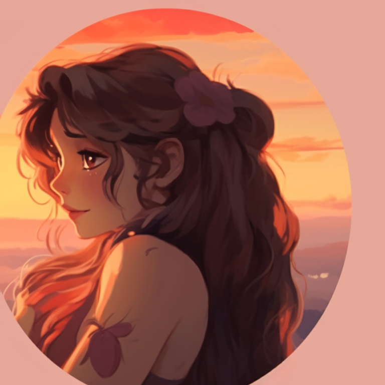 Two characters, warm sunset hues, sharing a peaceful moment. stunning matching pfp for couples cartoon pfp for discord.