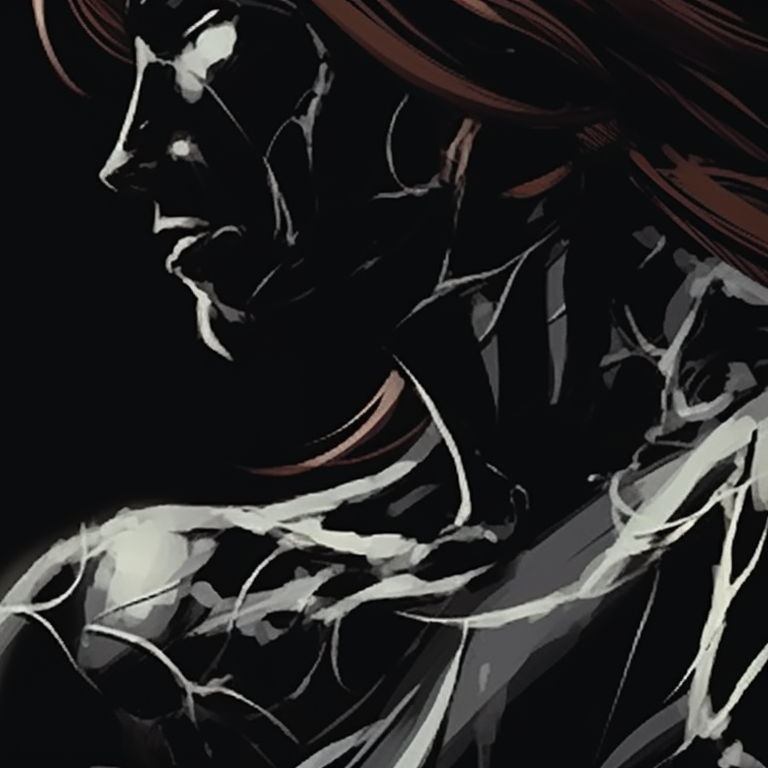 Two characters, silhouetted-style, high contrast enhances the tense atmosphere, standing face-to-face. symbiote spiderman matching pfp pfp for discord.