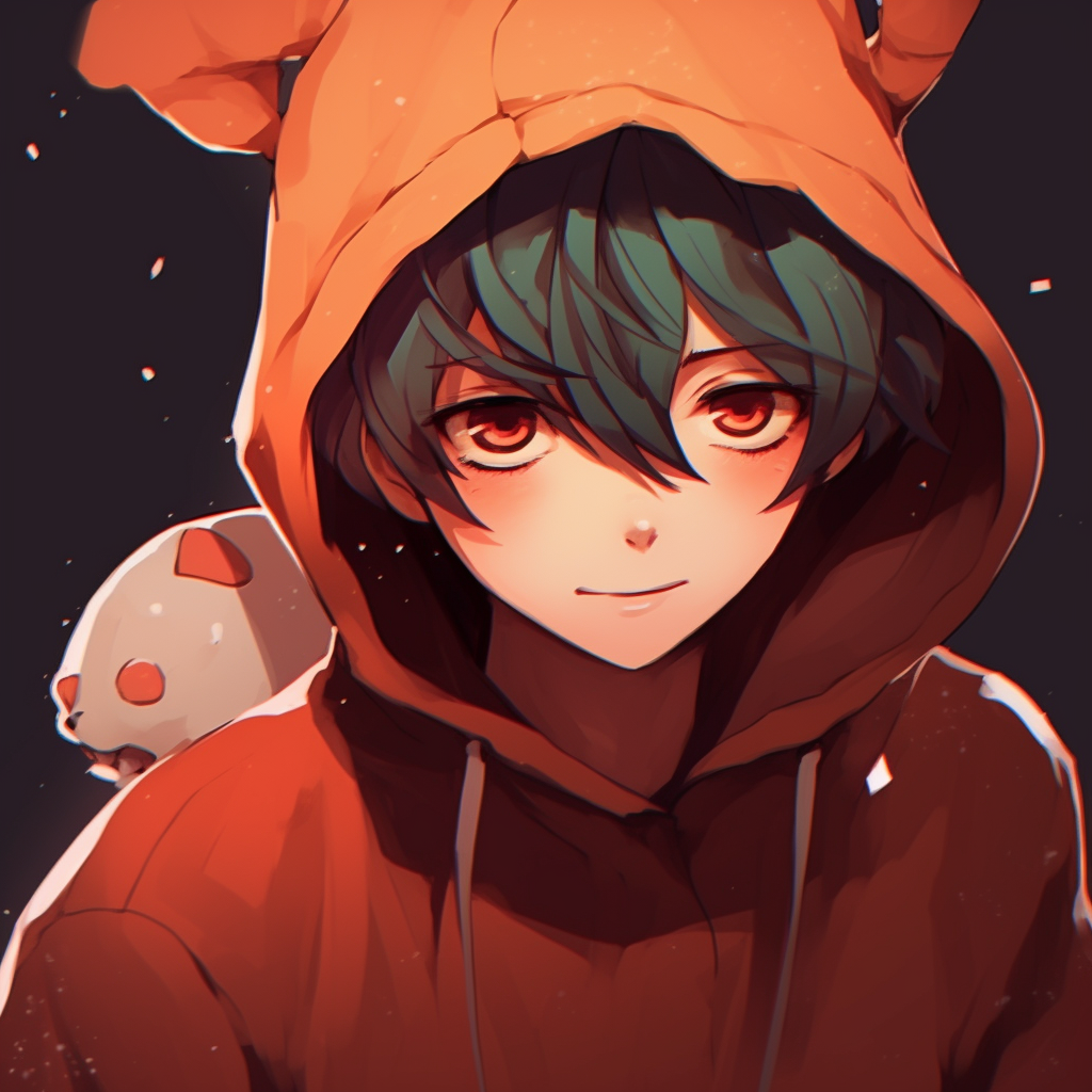 Boy in hoodie with a scenic vignette, subdued colors and depth of field focus. anime 3 matching pfp for boys