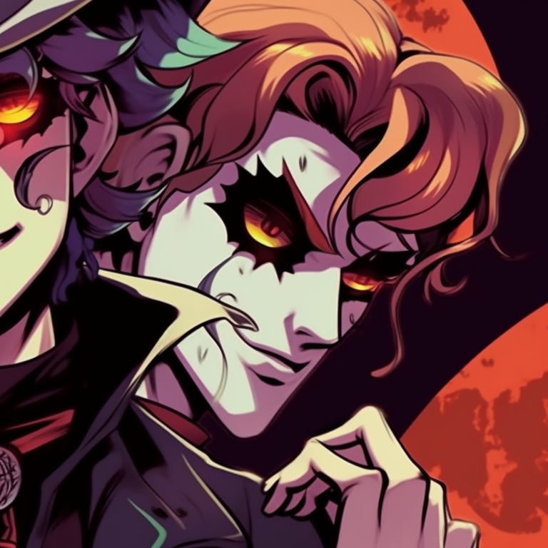 Two Jjba characters in battle stances, Halloween themed outfits, detailed shading and bright accents. jjba matching pfp halloween special icons pfp for discord.