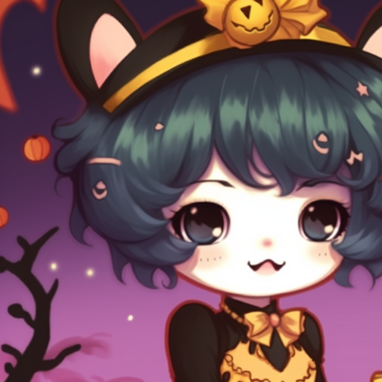 Close-up of two characters, one is wearing a witch hat, the other is adorned with cat ears, both are bathed in soft orange and purple hues. my melody matching pfp halloween theme makeup pfp for discord.