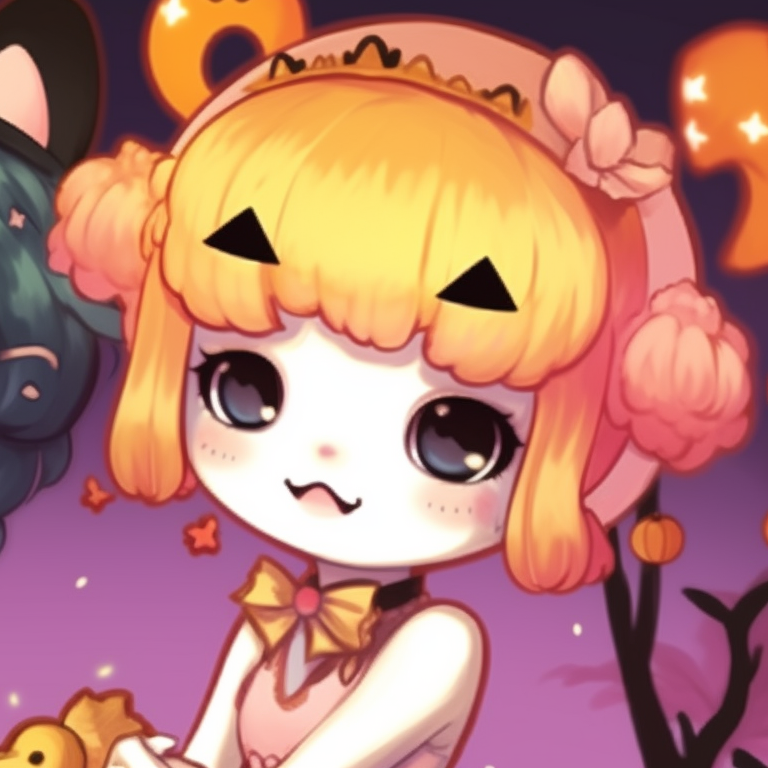 Close-up of two characters, one is wearing a witch hat, the other is adorned with cat ears, both are bathed in soft orange and purple hues. my melody matching pfp halloween theme makeup pfp for discord.