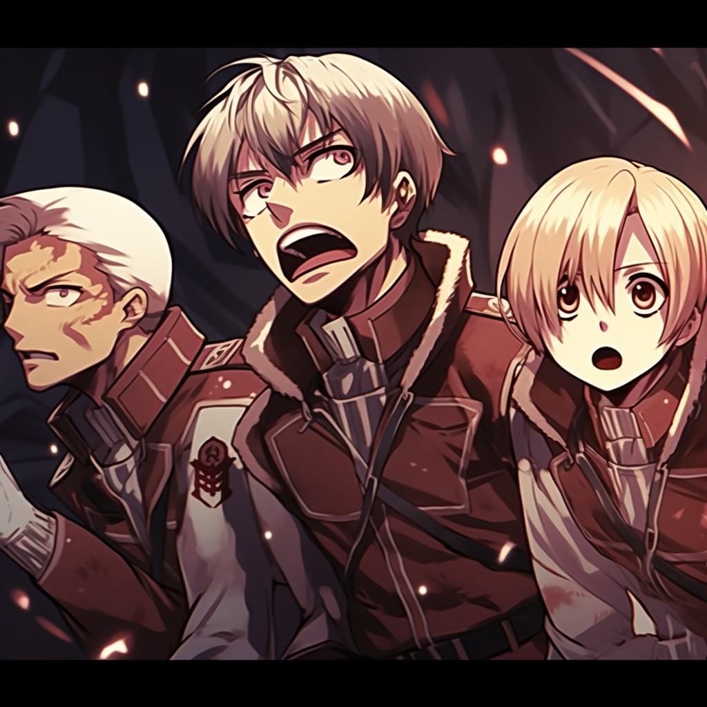 Three main heroes from Attack on Titan, showcasing intense expressions and military uniforms. anime 3 matching pfp unique styles