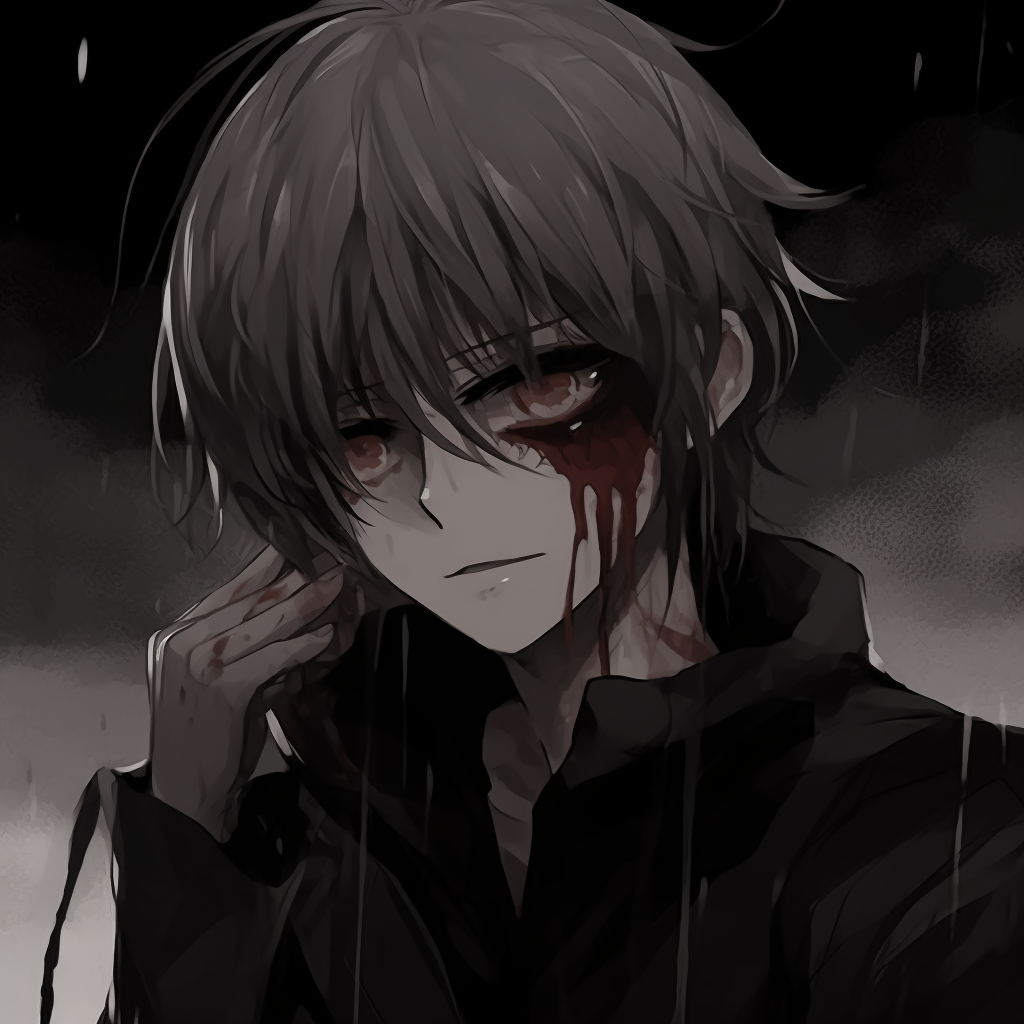 Close-up of Kaneki's face under despair, expressed in grey tones with a red accent. exclusive anime pfp sad images pfp for discord.