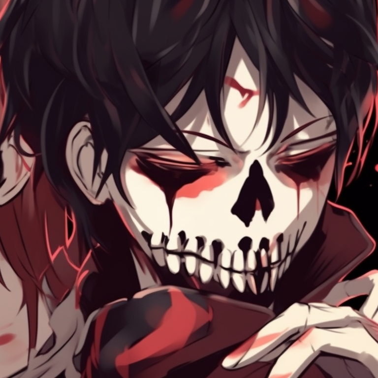 Anime characters in horror-inspired costumes, high contrast colors, detailed with intricate dark lines and chilling expressions. halloween themed matching couple anime pfp pfp for discord.