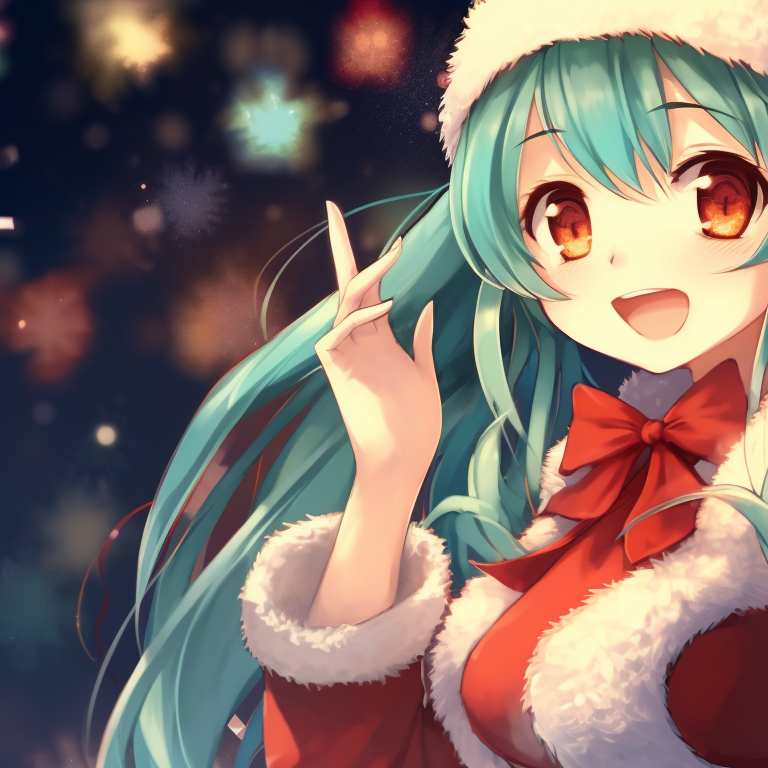 Close-up of Hatsune Miku in a festive move, high contrast colors with detailed Christmas background. engaging matching hatsune miku christmas pfp designs pfp for discord.