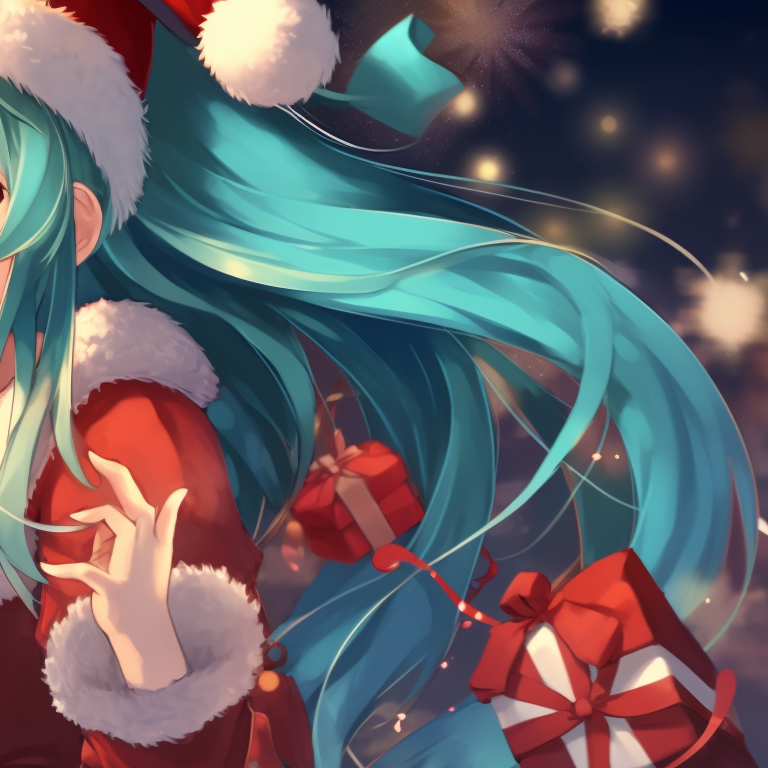 Close-up of Hatsune Miku in a festive move, high contrast colors with detailed Christmas background. engaging matching hatsune miku christmas pfp designs pfp for discord.
