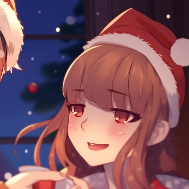 Two characters near a warm fireplace, vibrant colors and holiday-inspired outfits, enjoying a cup of hot cocoa. cute designs for matching christmas pfp pfp for discord.