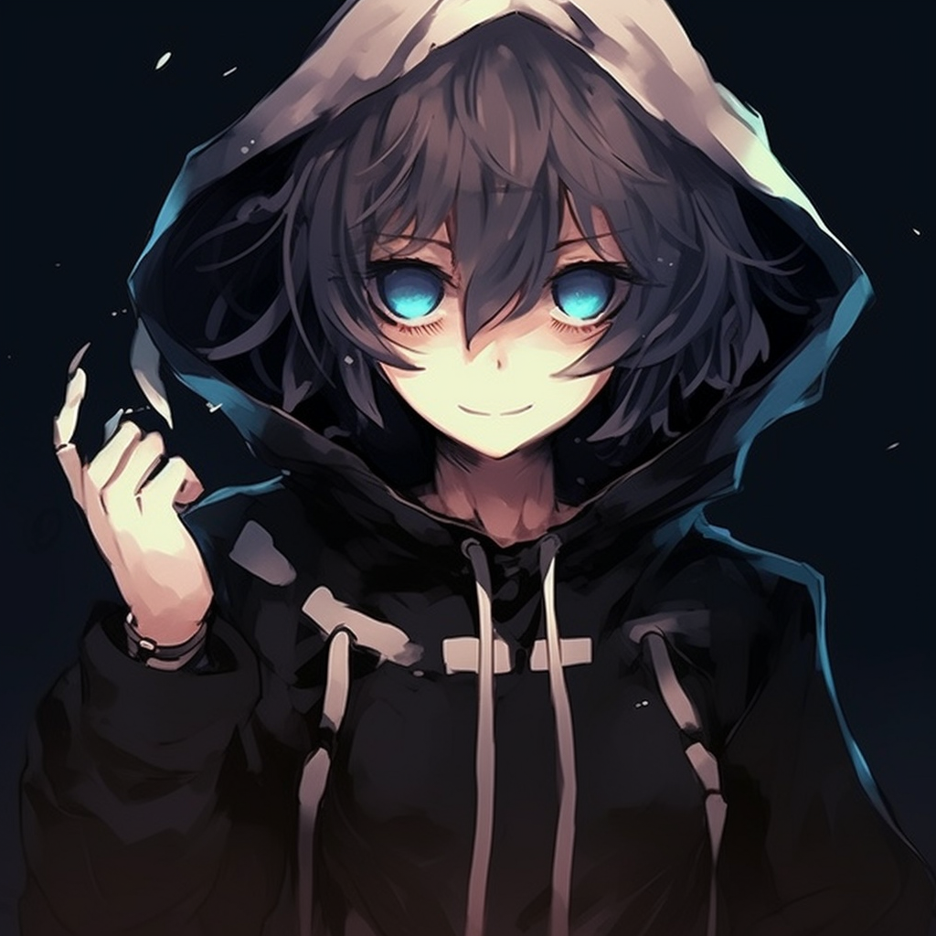Close-up of an emo anime character, high contrast between the dark tones of the skin and bright, detailed eyes. mysterious emo anime pfp