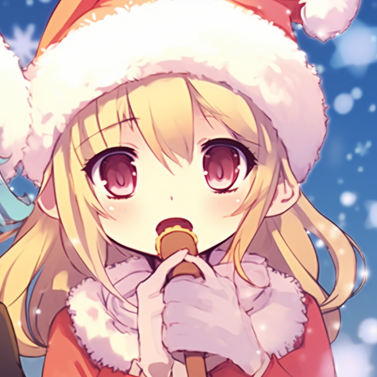 Two characters exchanging gifts, warm lights and festive colors, cozy Christmas setting. whimsical matching gif christmas pfp pfp for discord.