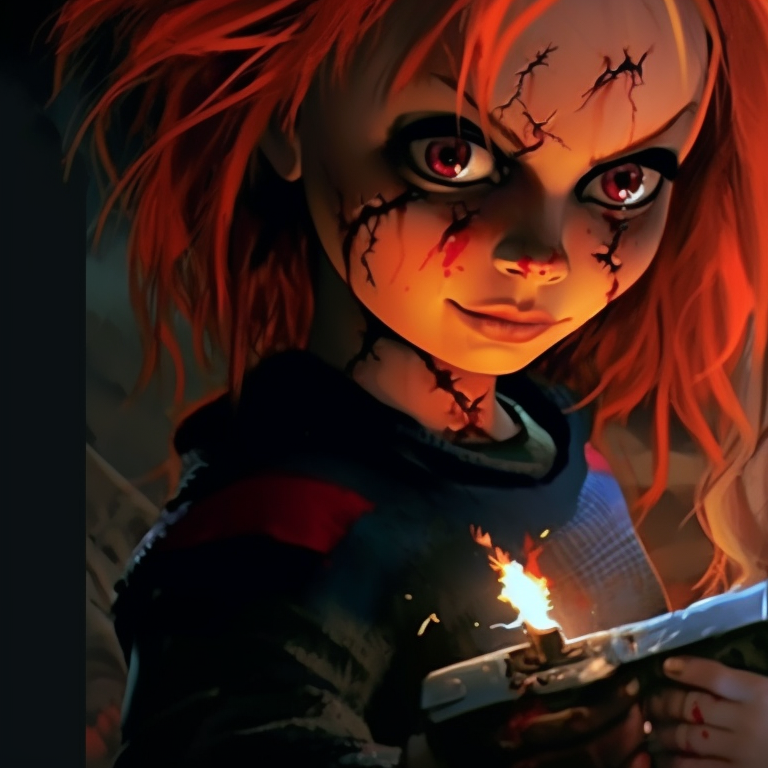 Chucky and Tiffany, bold colors and rich textures, their hands barely touching. matching pfps with chucky and tiffany halloween theme pfp for discord.