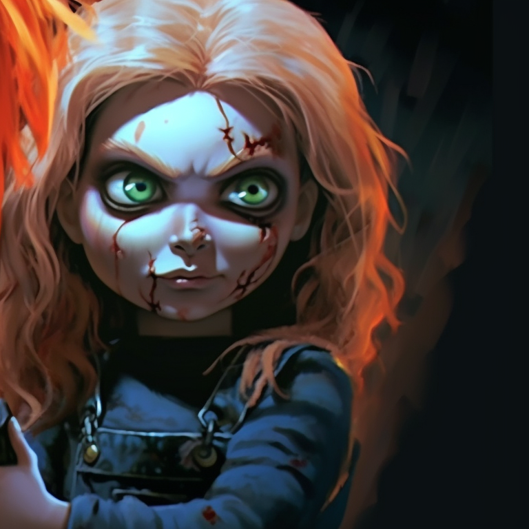 Chucky and Tiffany, bold colors and rich textures, their hands barely touching. matching pfps with chucky and tiffany halloween theme pfp for discord.