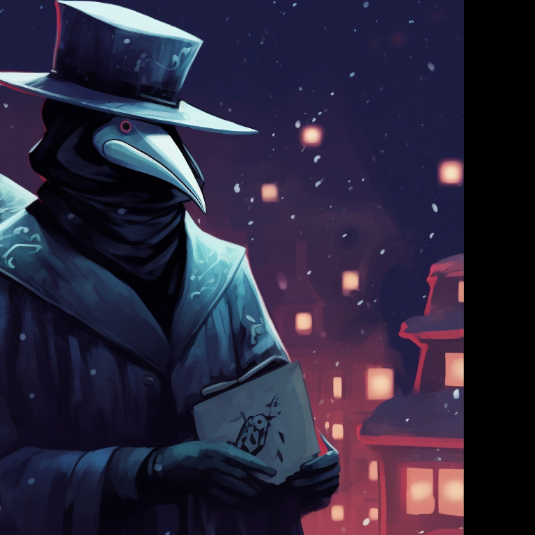 Two plague doctors, soft color scheme and cozy scarves, exchanging gifts under a snow-covered Christmas tree. matching plague doctor pfp christmas edition pfp for discord.