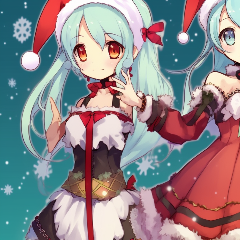 Hatsune Miku characters in Christmas outfits, bright colors, and detailed frills. animated matching hatsune miku christmas pfp options pfp for discord.