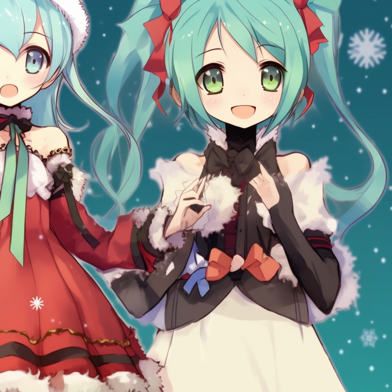 Hatsune Miku characters in Christmas outfits, bright colors, and detailed frills. animated matching hatsune miku christmas pfp options pfp for discord.