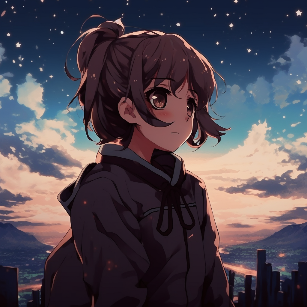 Serene anime boy surrounded by a beautiful night sky, high contrast between character and background. aesthetic cute anime pfp for all pfp for discord.