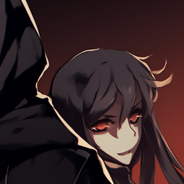 Two characters cloaked in the shadows, highlighted by sharp and contrasting lines, facing forward. dark matching pfp halloween theme heroes pfp for discord.