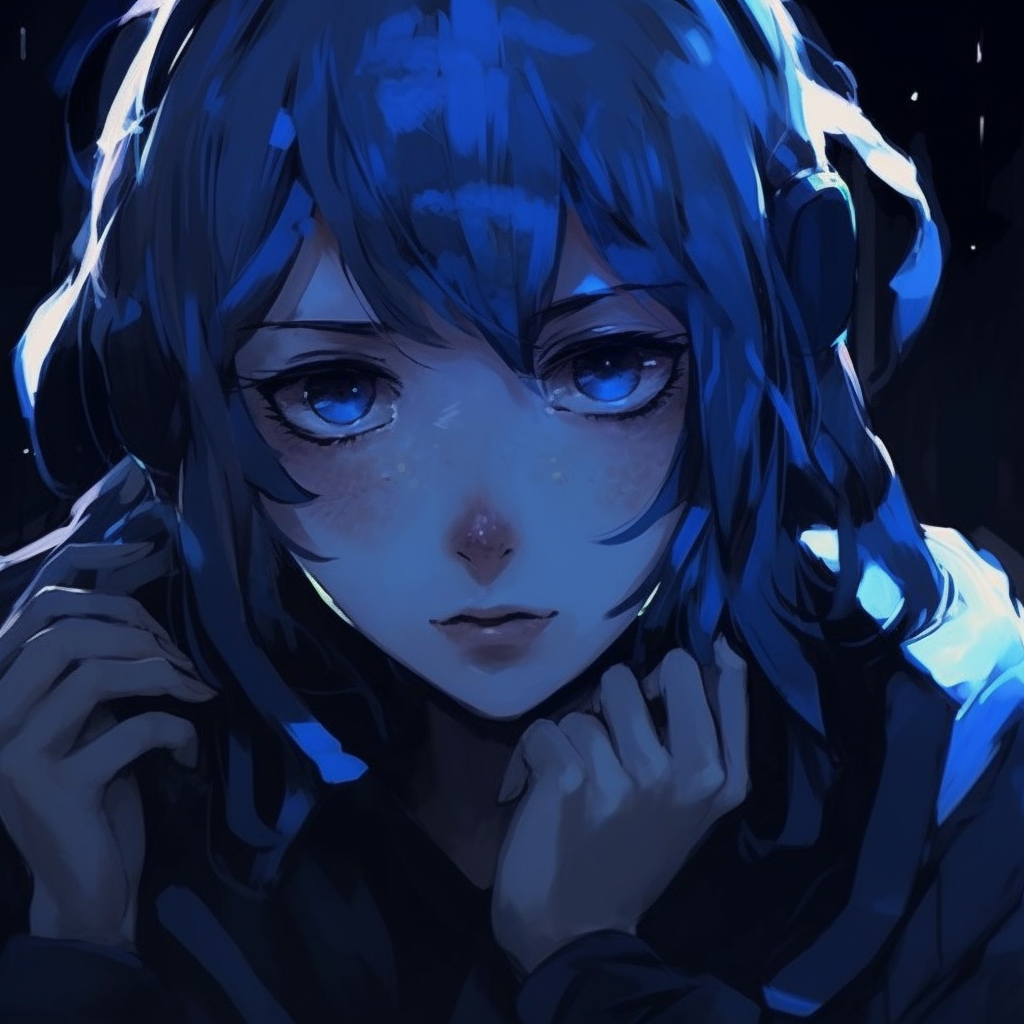 Depicts a character with a piercing dark blue gaze, done in detail-focused art style. dark blue anime pfp