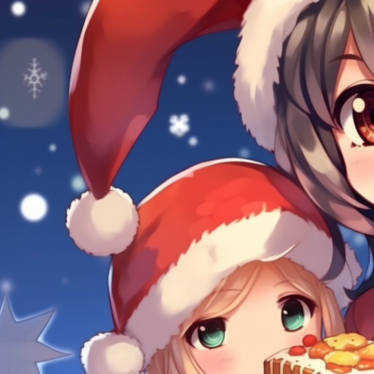 Jingle bells accessories on two anime characters, uses high contrast colors and close-up details. kawaii matching christmas pfp - anime style pfp for discord.