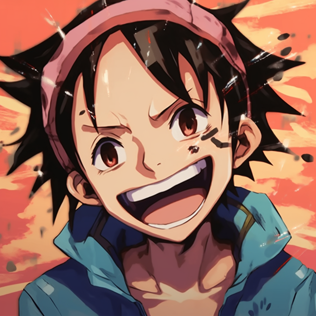 Close-up of Luffy giggling, strong emphasis on expressions and detailed linework. brainstorming funny anime pfps